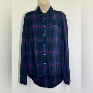 Harley Davidson - Flocked Rose Colorful Plaid Button Down Long Sleeve Blouse Med